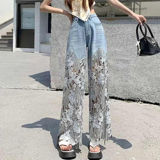 Frideswide - Denim-Hose mit hoher Taille und Spitzendetails