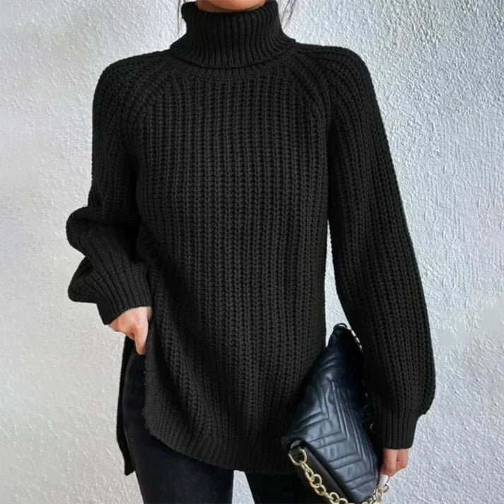 Odette - Schwarzer, dicker, gerippter Rollkragenpullover