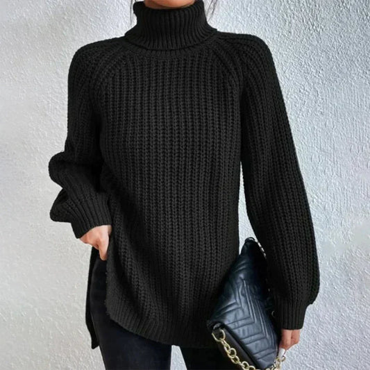 Odette - Schwarzer, dicker, gerippter Rollkragenpullover