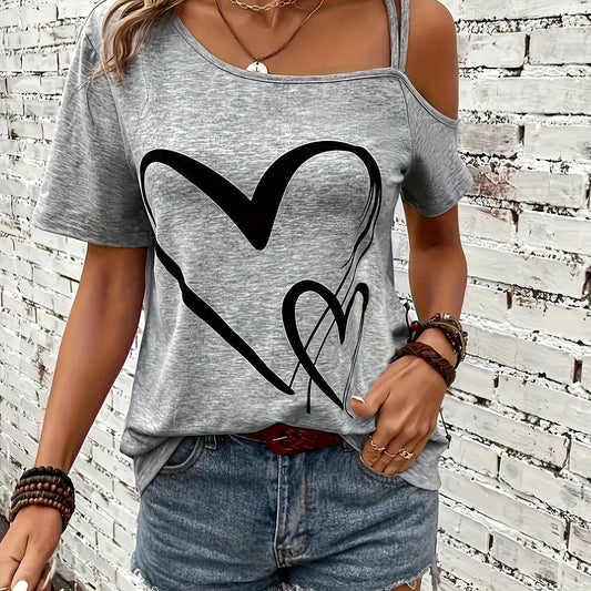 T-Shirt - Herz-Muster & kalte Schultern