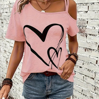 T-Shirt - Herz-Muster & kalte Schultern