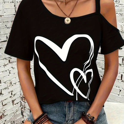 T-Shirt - Herz-Muster & kalte Schultern
