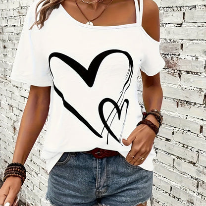 T-Shirt - Herz-Muster & kalte Schultern
