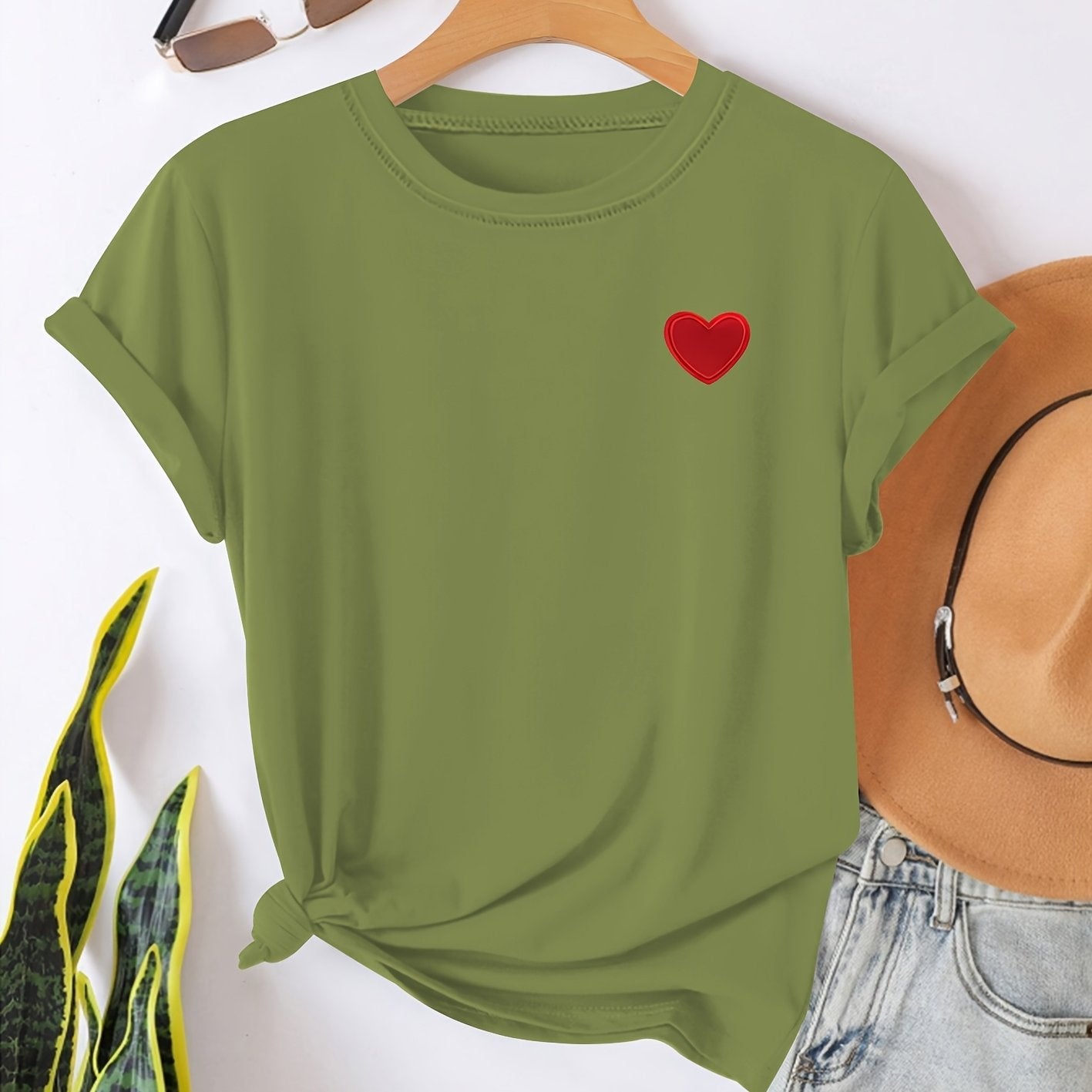 T-Shirt - Herzförmiger Druck und Rundhalsausschnitt für Komfort