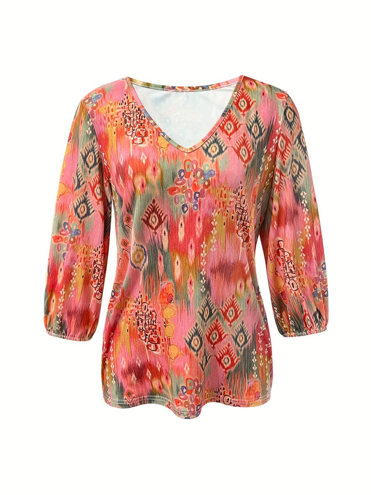 T-Shirt - V-Ausschnitt & Atmungsactivees Material mit Blumendruck