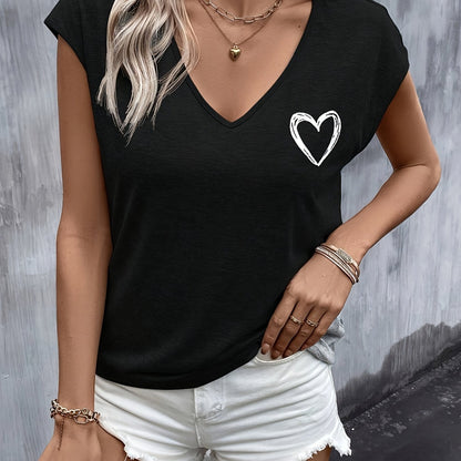 T-Shirt mit Herz-Print - V-Ausschnitt und kurze Ärmel für mehr Bequemlichkeit