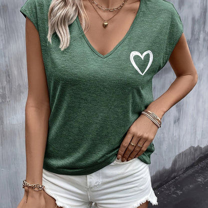 T-Shirt mit Herz-Print - V-Ausschnitt und kurze Ärmel für mehr Bequemlichkeit