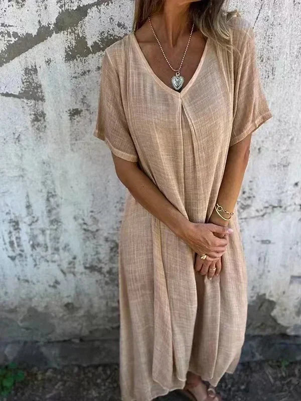 Tifa - Midikleid aus Baumwolle und Leinen mit V-Ausschnitt