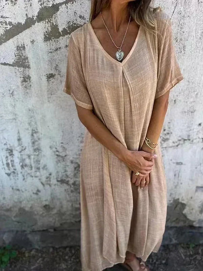 Tifa - Midikleid aus Baumwolle und Leinen mit V-Ausschnitt