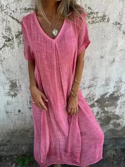Tifa - Midikleid aus Baumwolle und Leinen mit V-Ausschnitt