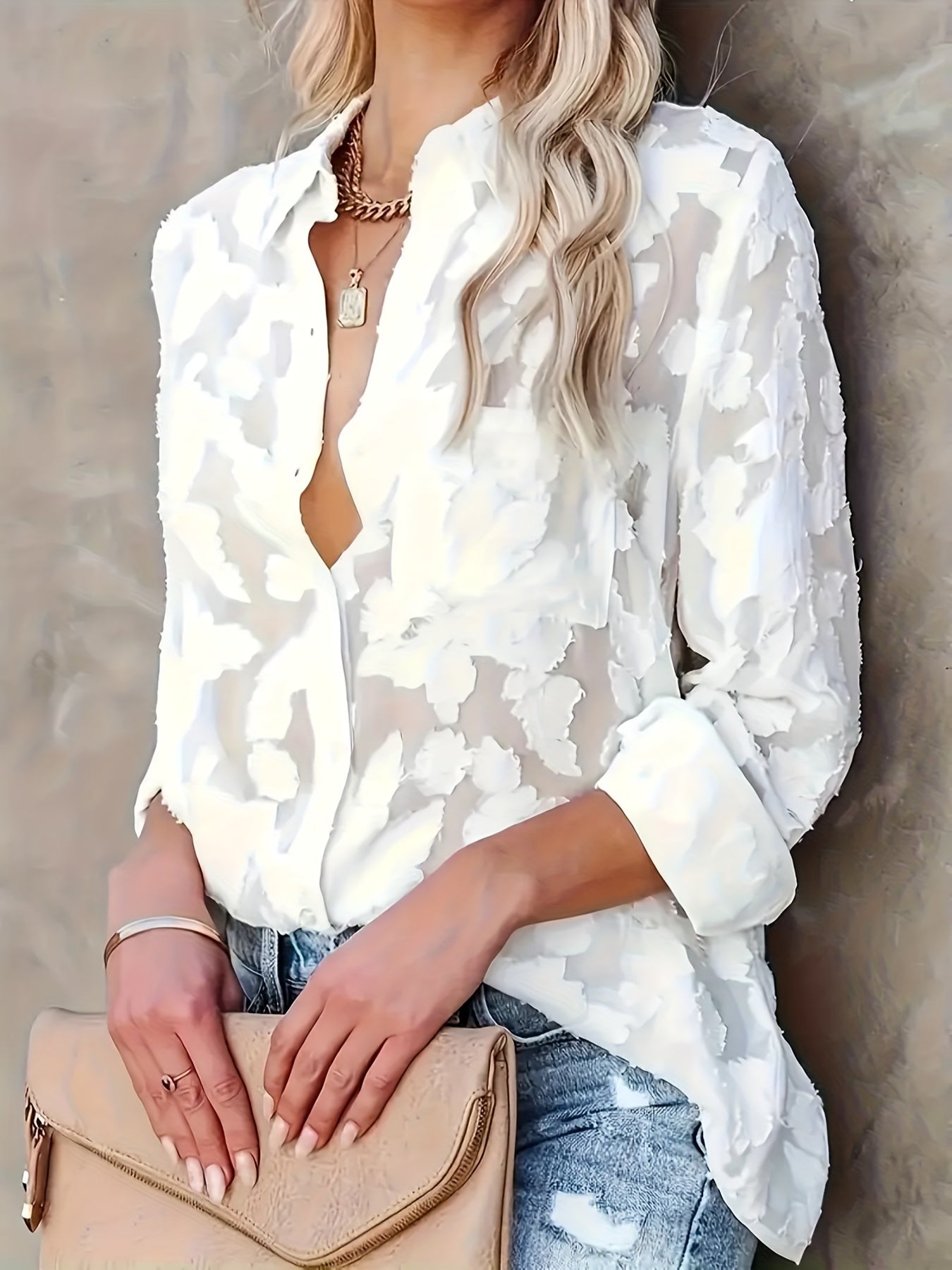 Transparente Knopfbluse - Langarm-Design & halbtransparenter Stoff