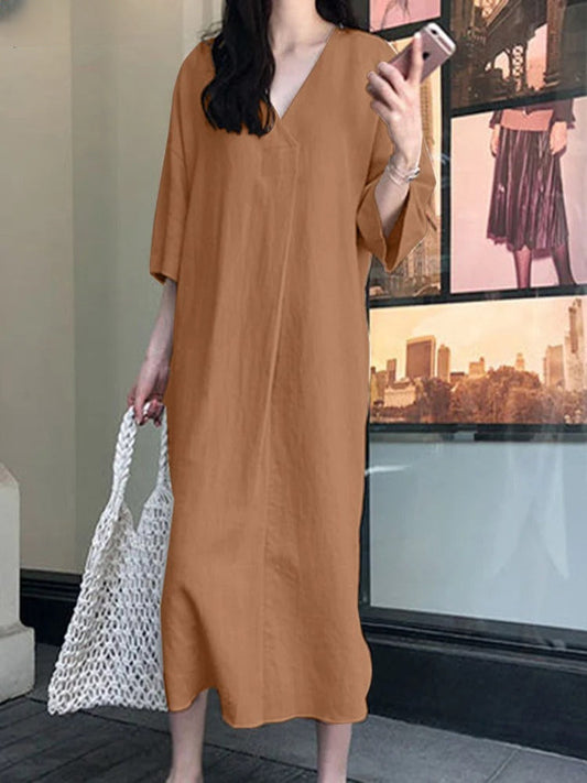 Andrella - Einfarbiges Kleid aus Baumwolle und Leinen mit Knöpfen