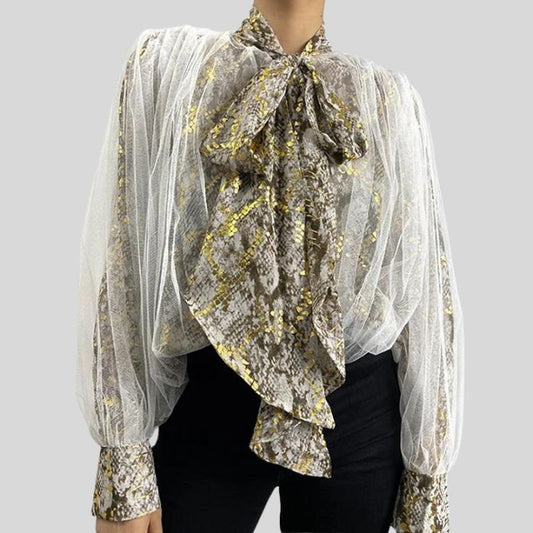 Virginia Bluse | Schlangendruck Mesh-Bluse mit Rüschen