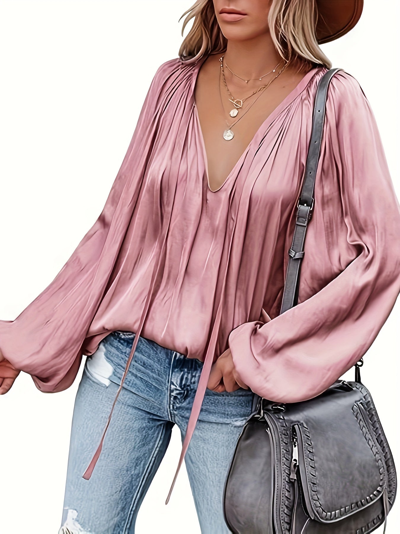 Bluse mit V-Ausschnitt und Laternenärmeln - Satin-Look und halbtransparentes Design
