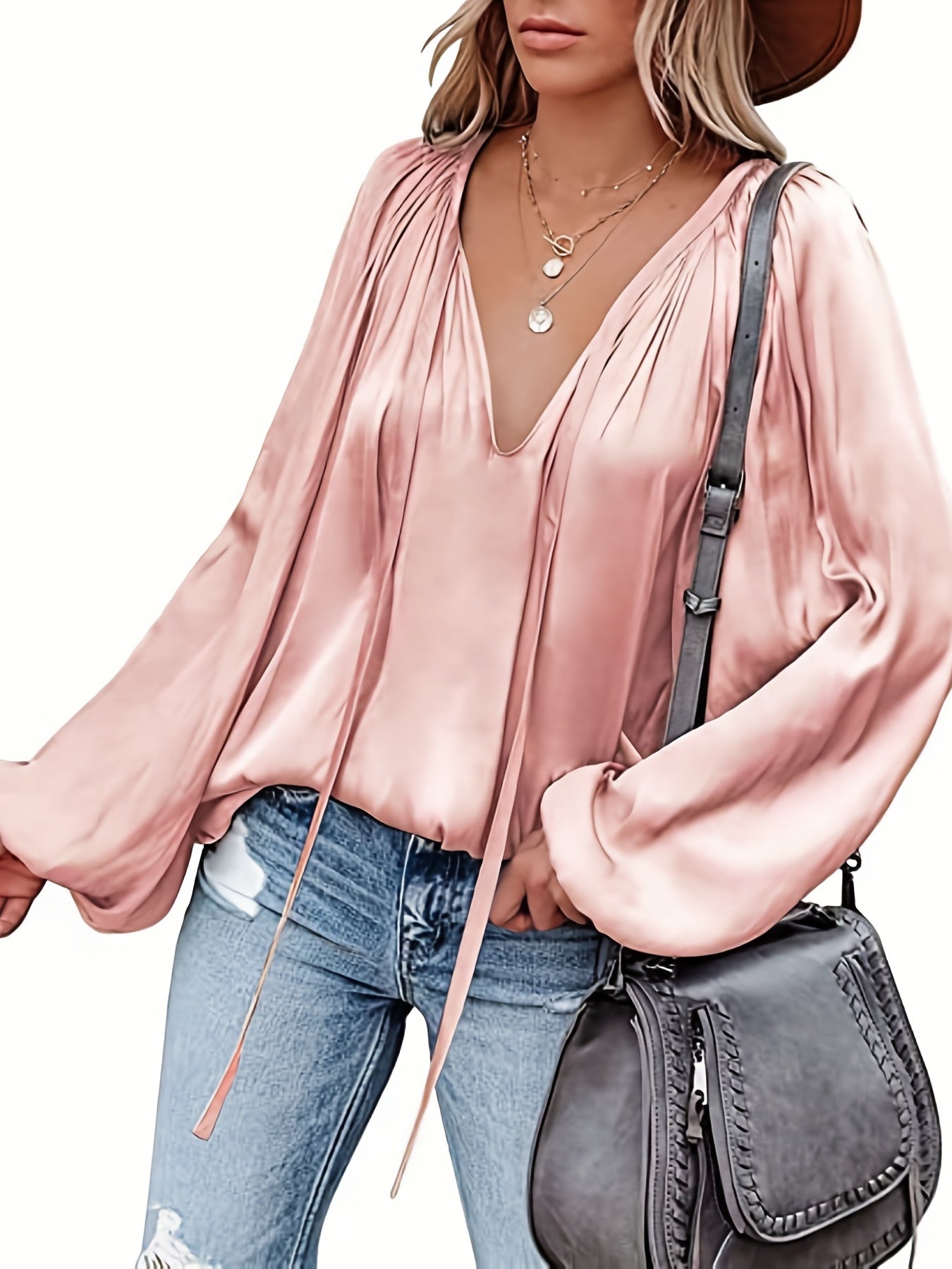 Bluse mit V-Ausschnitt und Laternenärmeln - Satin-Look und halbtransparentes Design