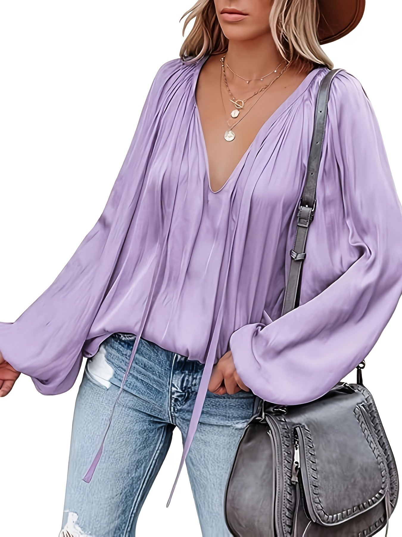 Bluse mit V-Ausschnitt und Laternenärmeln - Satin-Look und halbtransparentes Design