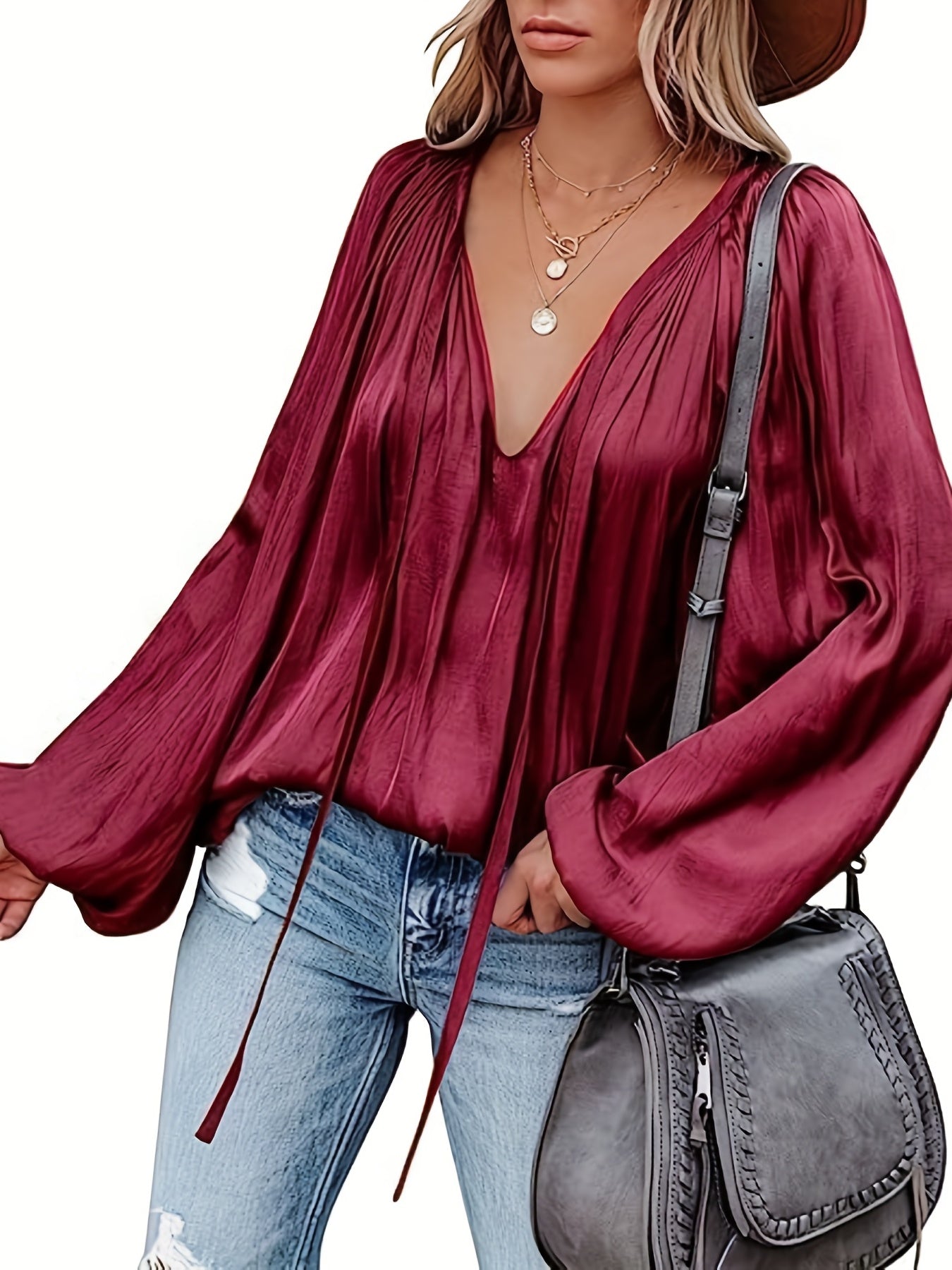 Bluse mit V-Ausschnitt und Laternenärmeln - Satin-Look und halbtransparentes Design