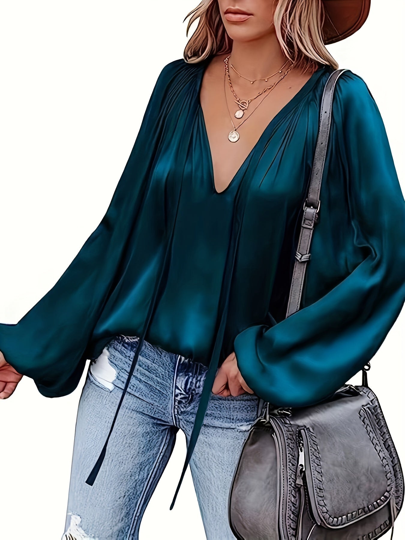 Bluse mit V-Ausschnitt und Laternenärmeln - Satin-Look und halbtransparentes Design