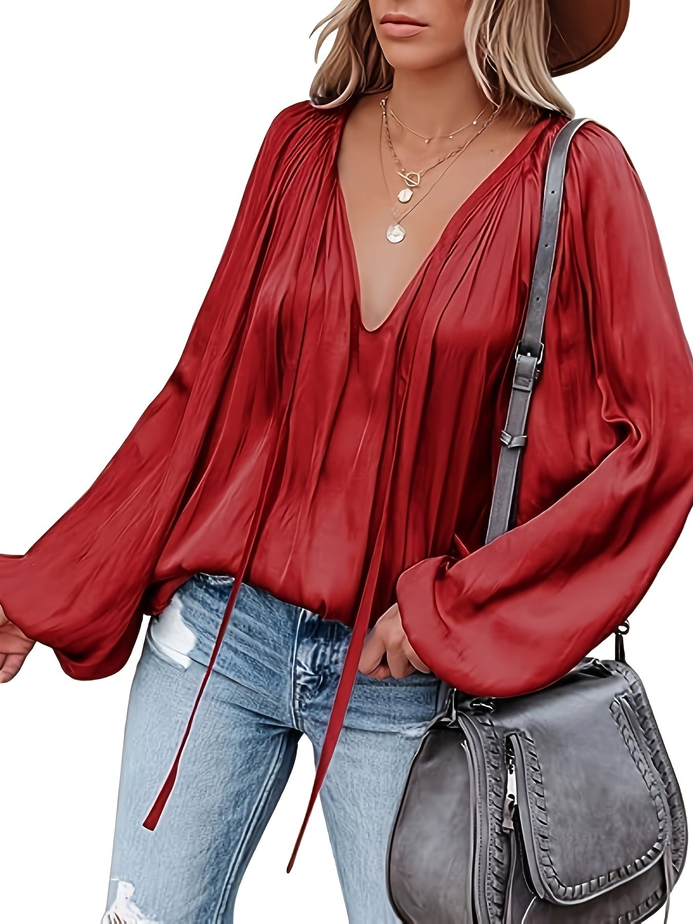 Bluse mit V-Ausschnitt und Laternenärmeln - Satin-Look und halbtransparentes Design