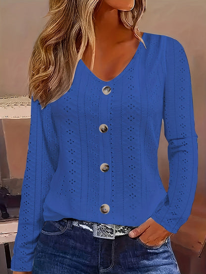 Bluse mit V-Ausschnitt - Ösendetail & halbtransparenter Stoff