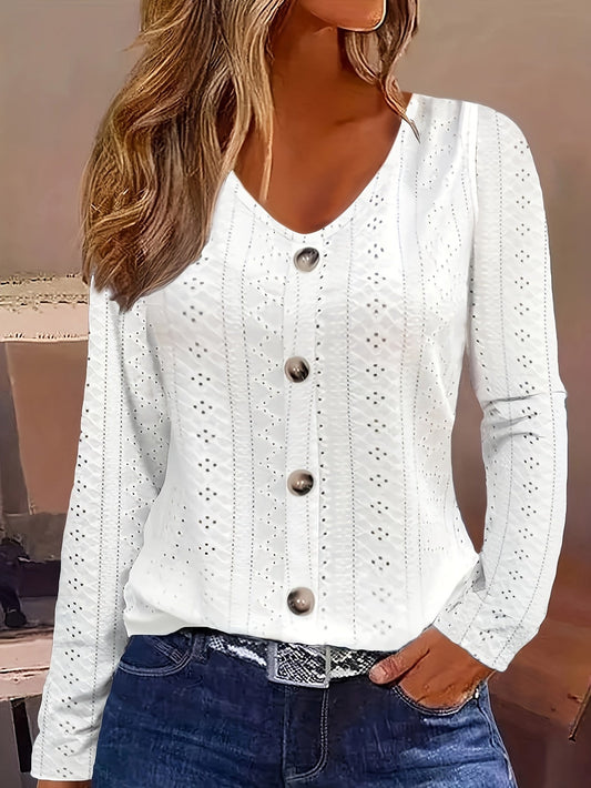Bluse mit V-Ausschnitt - Ösendetail & halbtransparenter Stoff