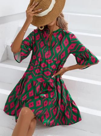 Susanna - Halblanges bedrucktes Kleid mit ausgestellten Ärmeln