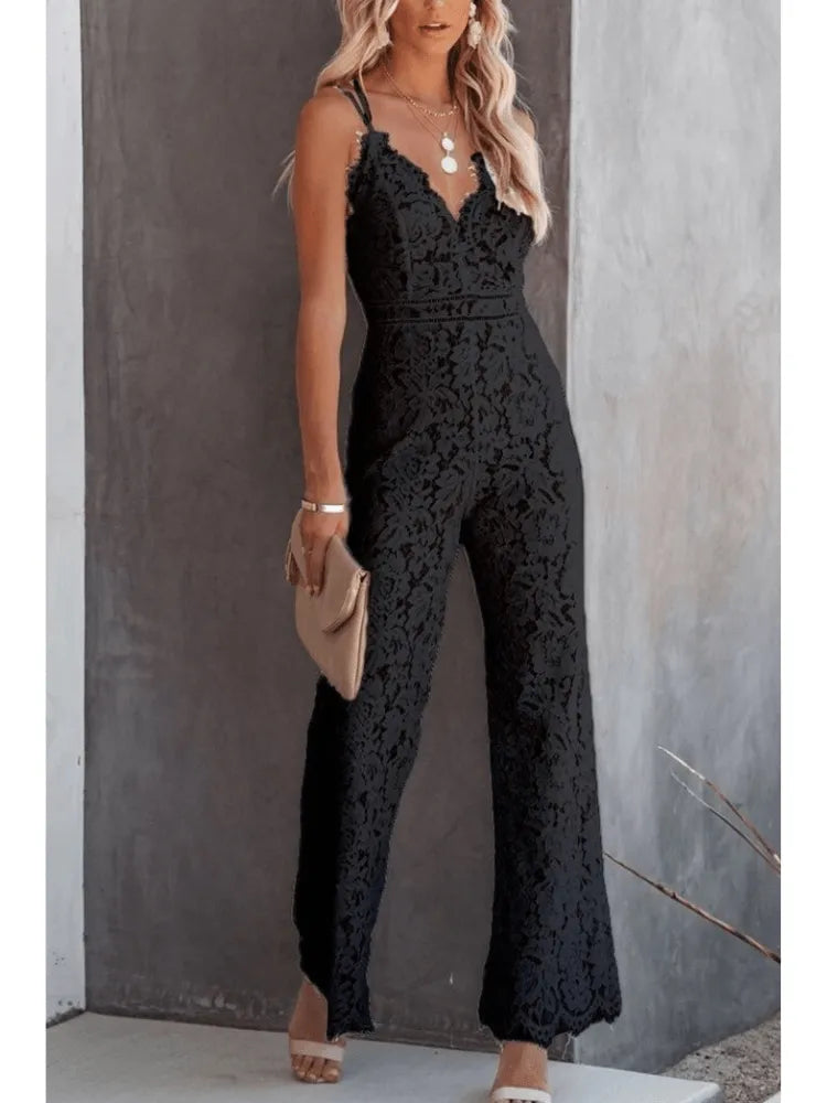 Jumpsuit - Eleganter Stil - Raffiniertes Muster, Spaghetti-Träger, V-Ausschnitt - Perfekt für besondere Anlässe
