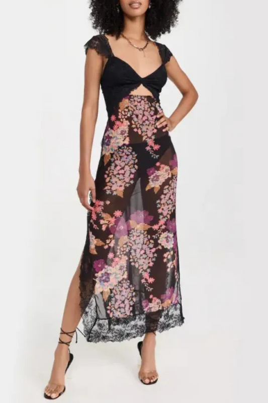 Vionette | Blumen V-Ausschnitt Spitze Schulterriemen Kleid