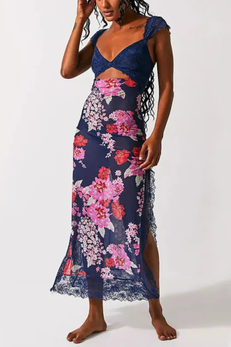 Vionette | Blumen V-Ausschnitt Spitze Schulterriemen Kleid