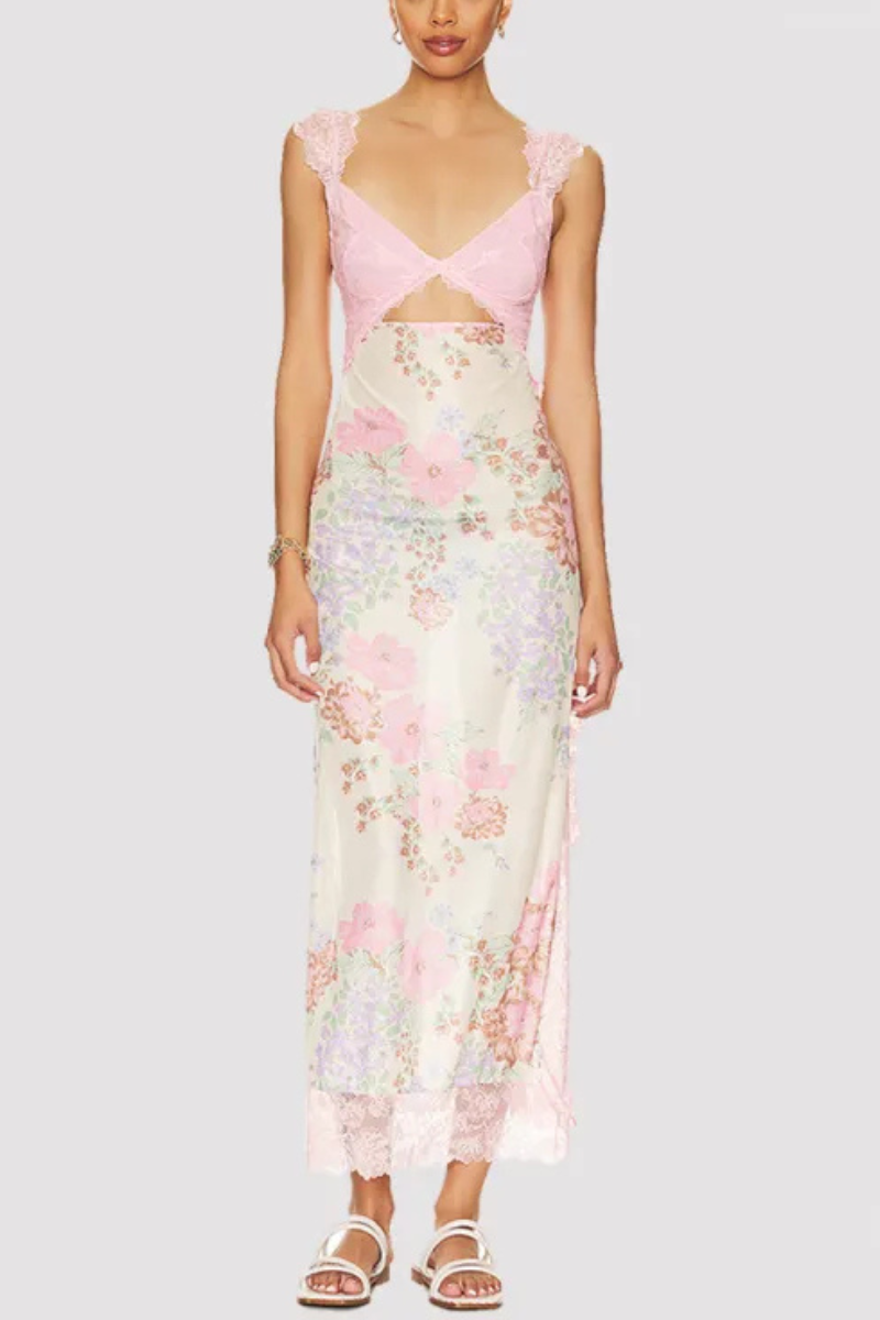 Vionette | Blumen V-Ausschnitt Spitze Schulterriemen Kleid
