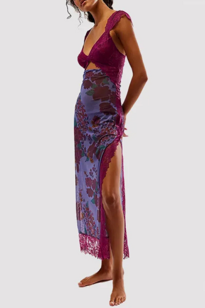 Vionette | Blumen V-Ausschnitt Spitze Schulterriemen Kleid