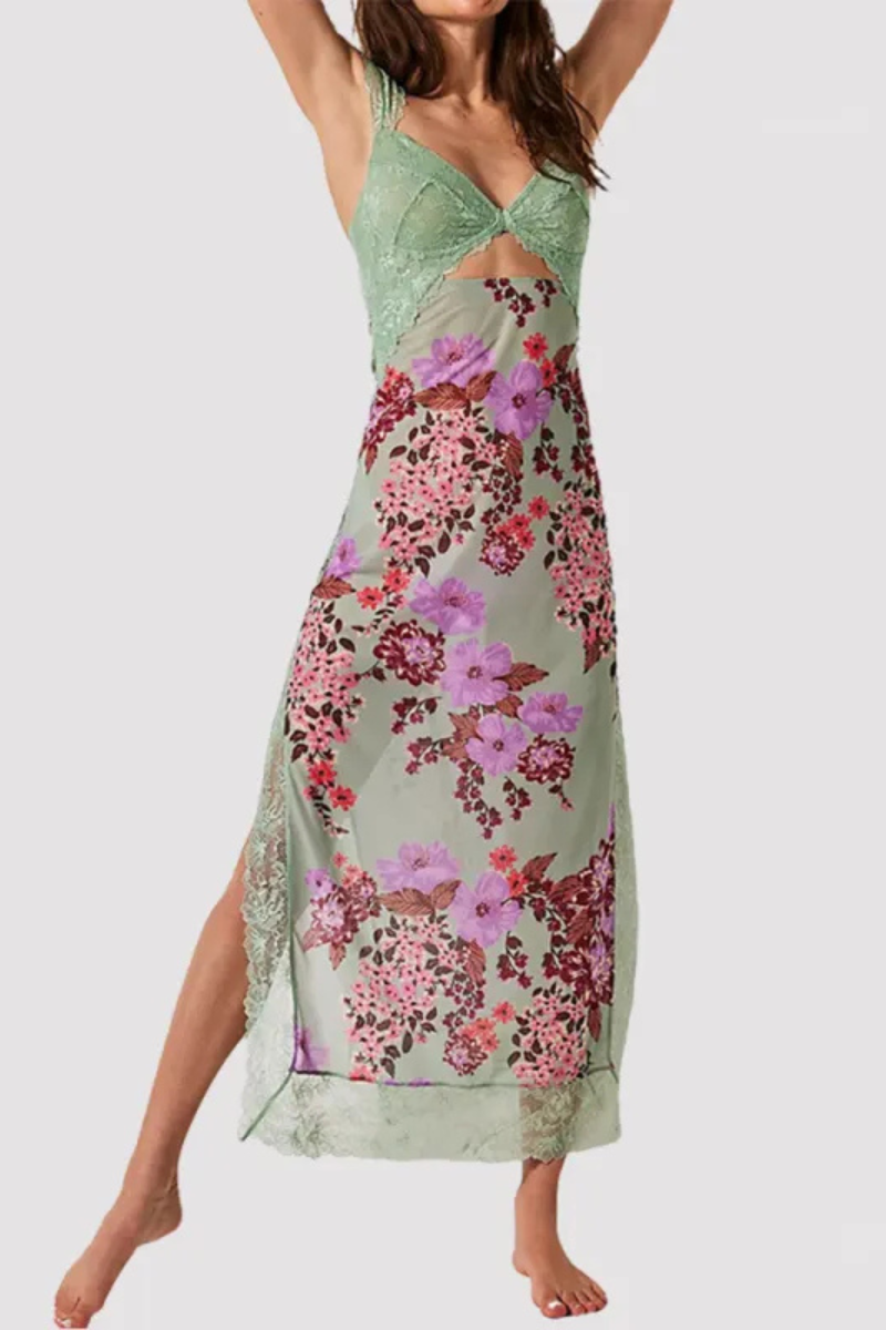 Vionette | Blumen V-Ausschnitt Spitze Schulterriemen Kleid