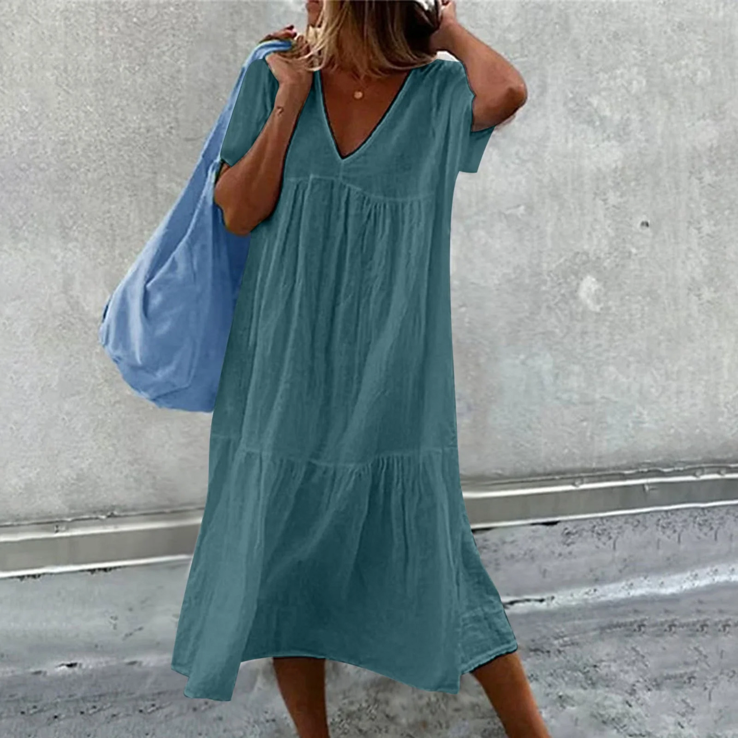 Wylla - Lässiges Damen-Kleid mit V-Ausschnitt und schlichter Clutch-Tasche