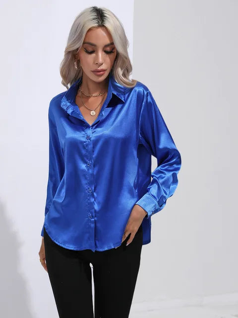 Elegante Satin Damen Bluse Langarm Business mit Knopfleiste