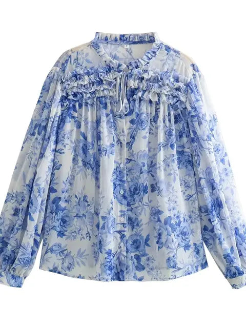 LAREINA | Vintage-Bluse, halbdurchsichtig, bedruckt, mit Falten und Kordelzug