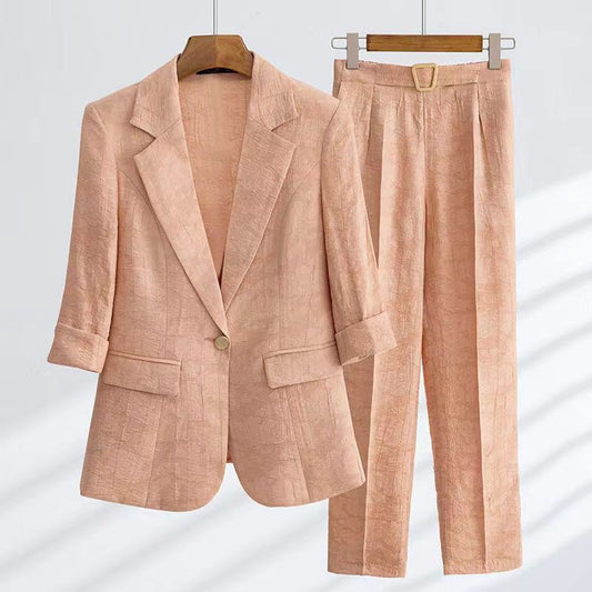 Iris - Women's Autumn Linen 2-Piece Blazer Set mit Gürtel