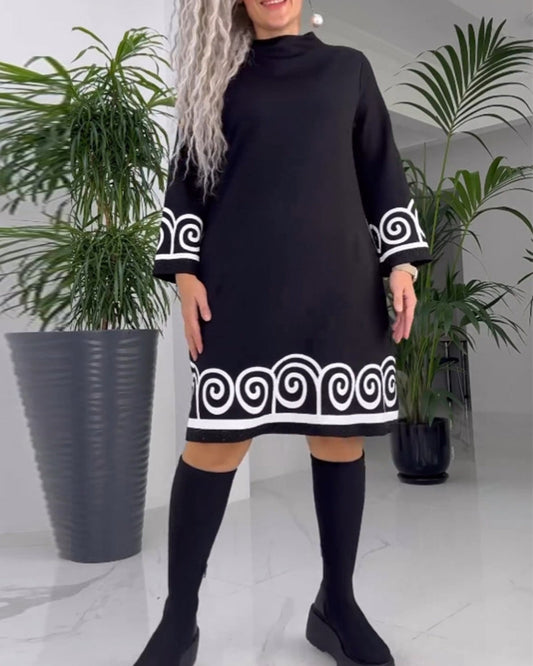 Kleid in A-Linie - Einfach - Bedruckt, 5% Elasthan, 95% Polyester - Perfekt für Herbst und Winter