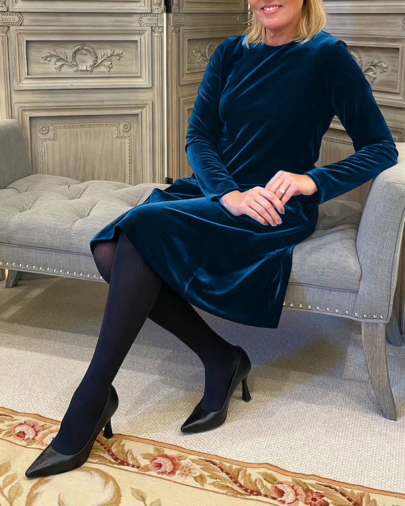 A-Linien-Kleid - Einfach - Samt, knielang, lange Ärmel - Perfekt für Herbst und Winter