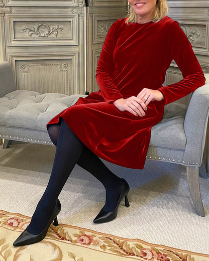 A-Linien-Kleid - Einfach - Samt, knielang, lange Ärmel - Perfekt für Herbst und Winter