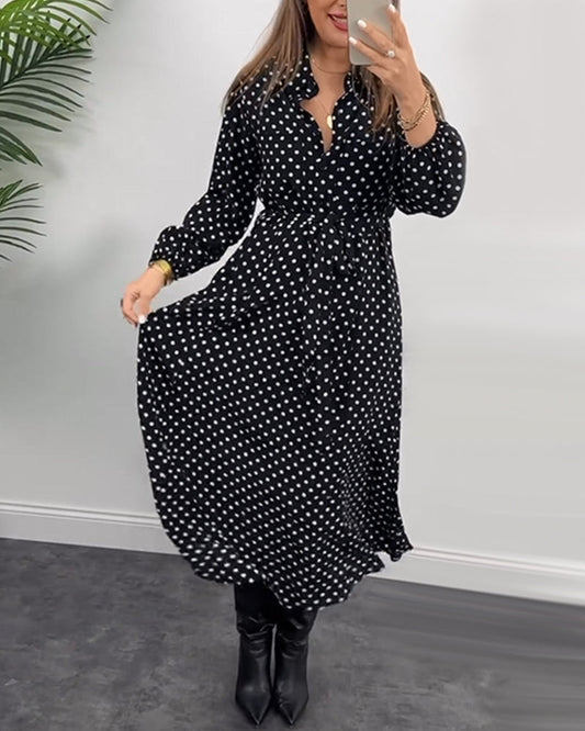 Kleid in A-Linie - Elegantes Büro - Baumwollmischung, Polka Dot, Spitzenverschluss - Perfekt für Frühling und Herbst