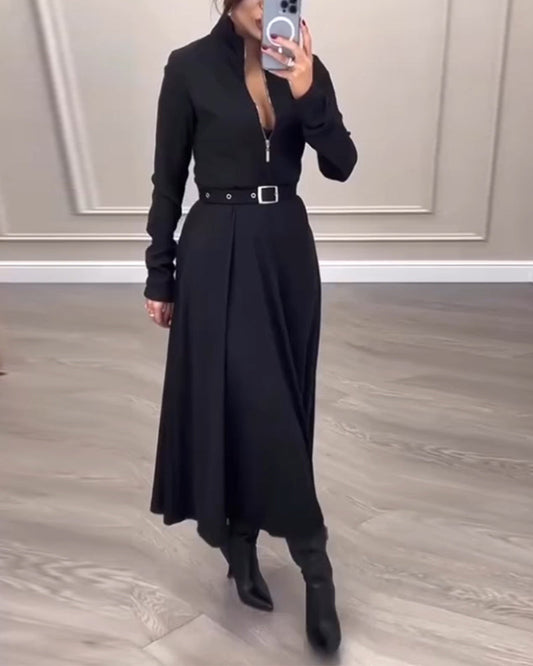 A-Linien Kleid - Elegant - Baumwollmischung, lange Ärmel, Stehkragen - Perfekt für Frühling, Herbst und Winter