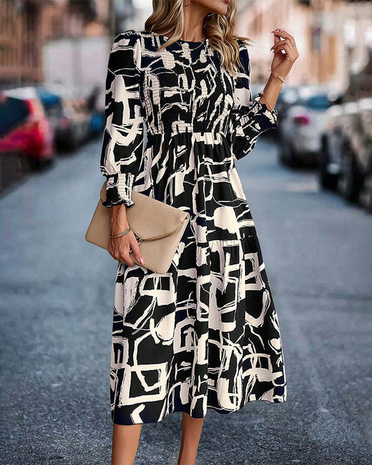 Kleid in A-Linie - Elegant - Baumwollmischung mit bedrucktem Muster und Laternenärmeln - Perfekt für Frühling und Herbst