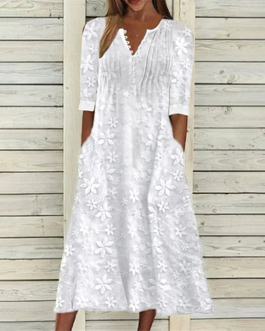 A-Linien Kleid - Elegant - Baumwollmischung mit Blumenmuster - Perfekt für Frühling und Sommer
