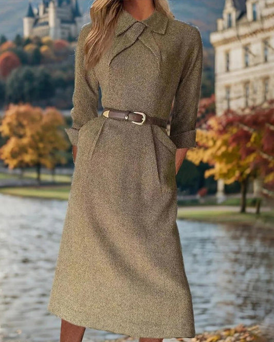 A-Linien-Kleid - Elegant - Baumwollmischung, Midi-Länge, lange Ärmel - Perfekt für Frühling und Herbst
