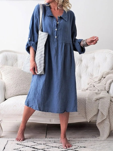 Maria Damen-Sommerkleid mit langen Ärmeln, Knopfverschluss – lockerer Stoff