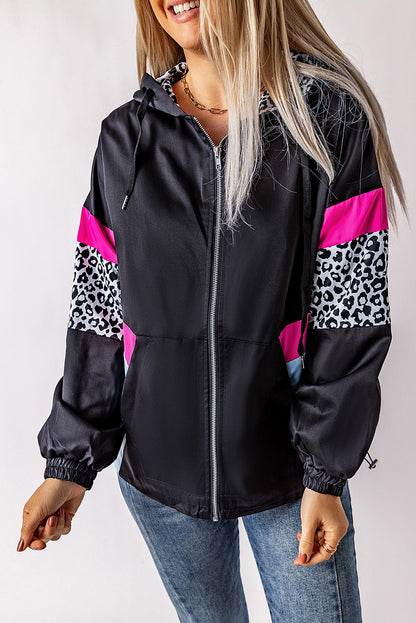 Jantine | Leopard rosa und schwarzer Farbblock-Kapuzenjacke