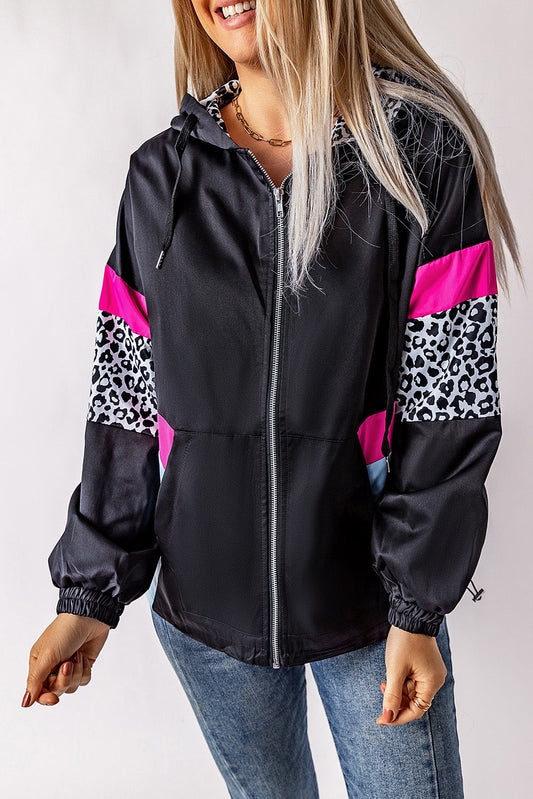 Jantine | Leopard rosa und schwarzer Farbblock-Kapuzenjacke