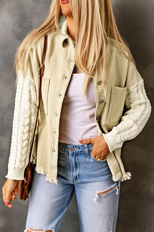 Ayana | Einzigartige khakifarbene Jeansjacke mit gestrickten Ärmeln