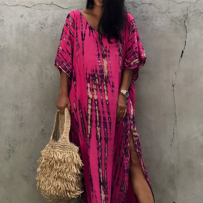 Langes Kleid mit Print und weiten Fledermausärmeln