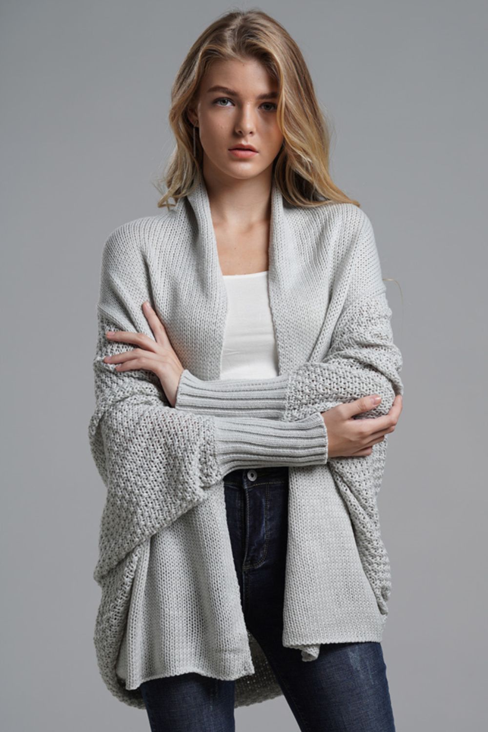Liana - Lange offene Strickjacke mit Dolman-Ärmeln für Damen